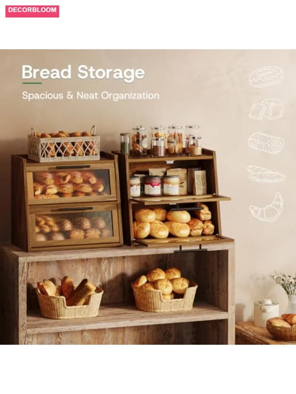 Large Acacia Wood Bread Box with Wavy Acrylic Door, 2-Tier Storage for Kitchen